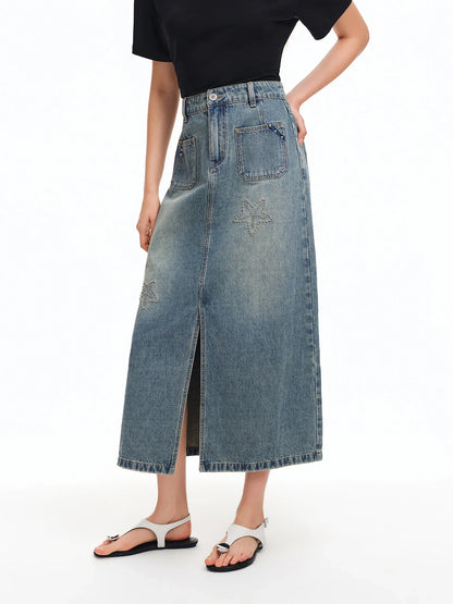 2026 Summer Women‘s Starfish Embroidered Denim Midi Skirt, Vintage A-Line Long Skirt Office Commute Versatile Daily Style
