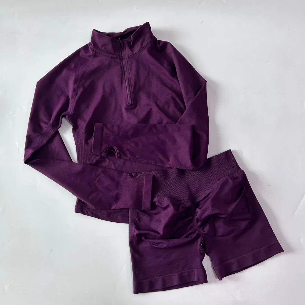 No Logo 2pcs Long Sleeve Yoga Set Women Half Zippy Jacket Longline Sports Top Gym Shorts Fitness Suits Running Coats Workout Set