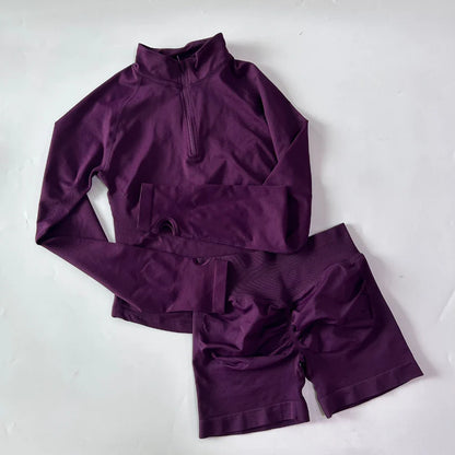 No Logo 2pcs Long Sleeve Yoga Set Women Half Zippy Jacket Longline Sports Top Gym Shorts Fitness Suits Running Coats Workout Set