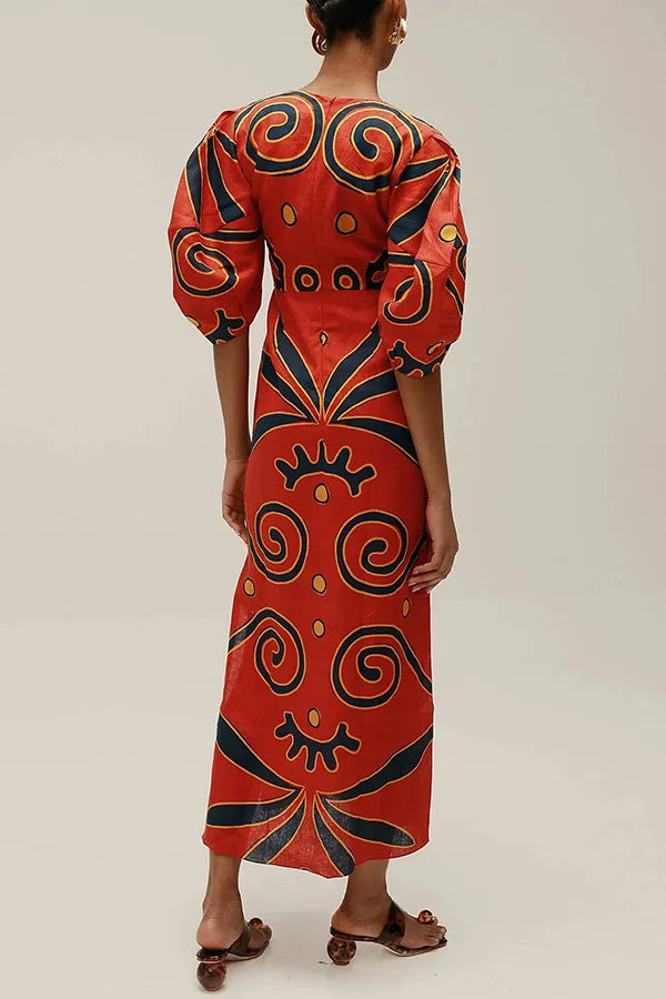Women Linen Material Long Dresses Fashion Chic Print Sexy V-neck Hollow Out High Waist Party Dress Lady robes