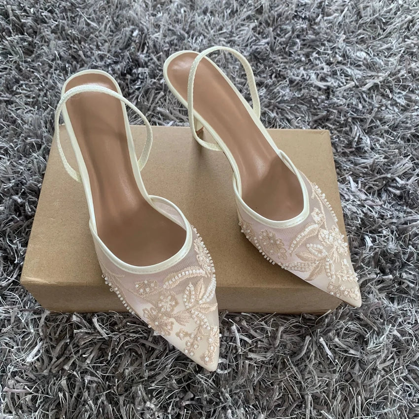 Black Embroidered Mesh Slingback High Heels Sandals for Women Designer Shoes Woman Elegant Style Wedding Party Pumps