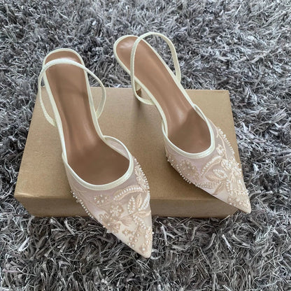 Black Embroidered Mesh Slingback High Heels Sandals for Women Designer Shoes Woman Elegant Style Wedding Party Pumps