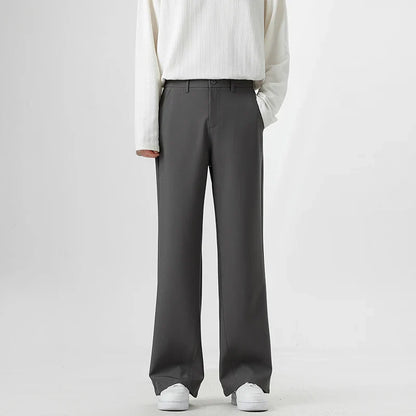 Men's Korean Fashion Small Flared Suit Pants Elastic Waist Drape Loose Straight Solid Color Business Office Casual Male Trousers