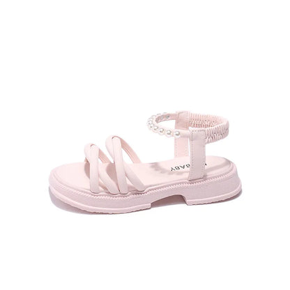 Girl Sandals Summer Children Princess Causal Pearl Beach Shoes Fashion Open-toe Kids Flat Sandals Solid Color Versatile Slip-on