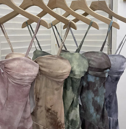 2025 Mesh Camisole for Women Stretch Casual Tie Dyeing Braless Sleeveless Adjustable Straps Asymmetrical Ruffle Tops