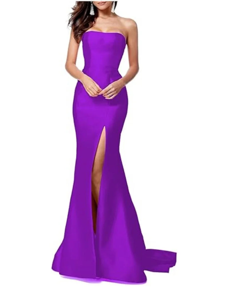 Women's Sleeveless Mermaid High Slit Backless Long Prom Gowns Strapless Floor Length Satin Evening Maxi Dresses