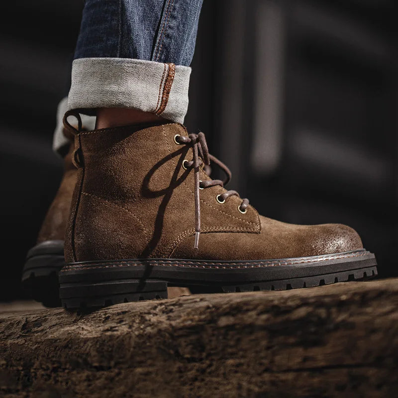 Men Vintage Split Suede Fleece-lined Boots Brown High-Top Work Boots Lace-Up Desert Ankle Rugged Sole Boots Outdoor Shoes