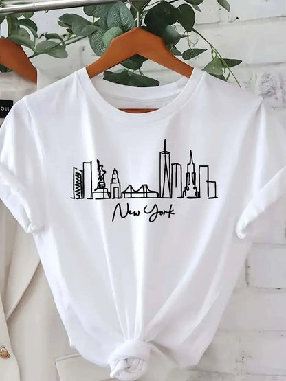 New York City Line Pattern Printed Summer Women's T-shirt Top Short Sleeve Round Neck Casual Women's Tshirt Clothing
