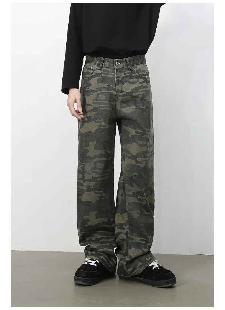 Tide Camouflage Jeans Men's Ins Loose Straight Wide Leg Casual Denim Pants Loose Male Trousers 12C2036