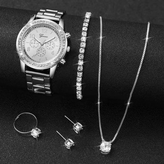 6PCS/Set Fashion Rhinestone Women Watches Analog Quartz Wrist Watch Jewelry Set Reloj Mujer（Without Box）