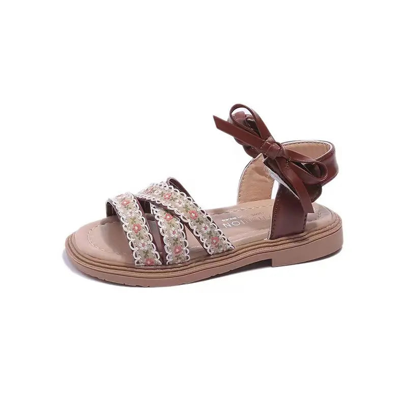 Summer Girls Sandals Fashion Embroider Flower Children Princess Shoes Open-toe Sweet Bowknot Kids Causal Flat Sandals Soft Soled