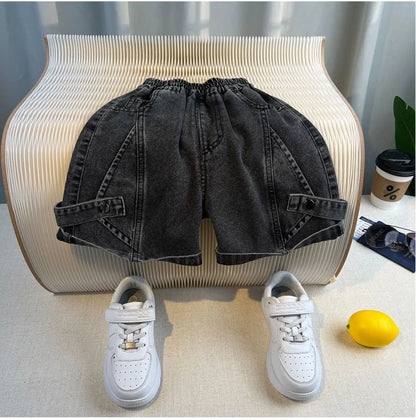 Set Kid Boy 2025 Summer New Style Cotton Letter Embroidered T-shirt Black Jeans Fashion Streetwear Daily Sporty Korean