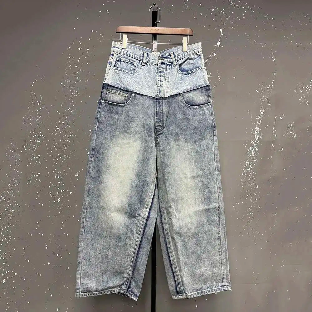 Niche Colorblock Patchwork Wide Leg Blue Jeans Men's Spring 2025 New Straight Double Waist Design Denim Trousers 28W6048