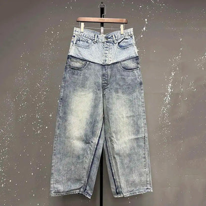 Niche Colorblock Patchwork Wide Leg Blue Jeans Men's Spring 2025 New Straight Double Waist Design Denim Trousers 28W6048