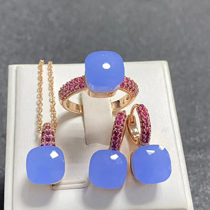 Conjunto de Joias Femininas 3 Peças - Anel, Brincos e Colar Banhados a Ouro Rosé com Zircônia Roxa Incrustada