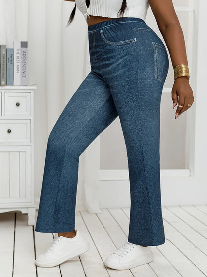 Denim Print High-Stretch Flared Pants Loose Fit Trousers