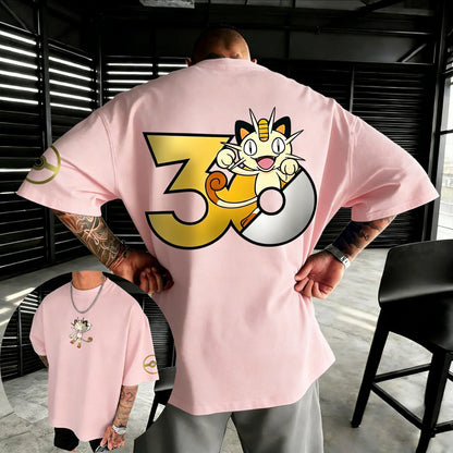 30th Anniversary Meowth Printed T-shirt Summer New Men's and Women's Loose Casual Hip Hop Trendy Short Sleeve Top