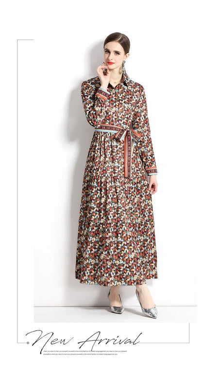2024 Autumn New Women's European and American Versatile Waist and Slimming Letter Positioning Printed Dress A-line Long Dress