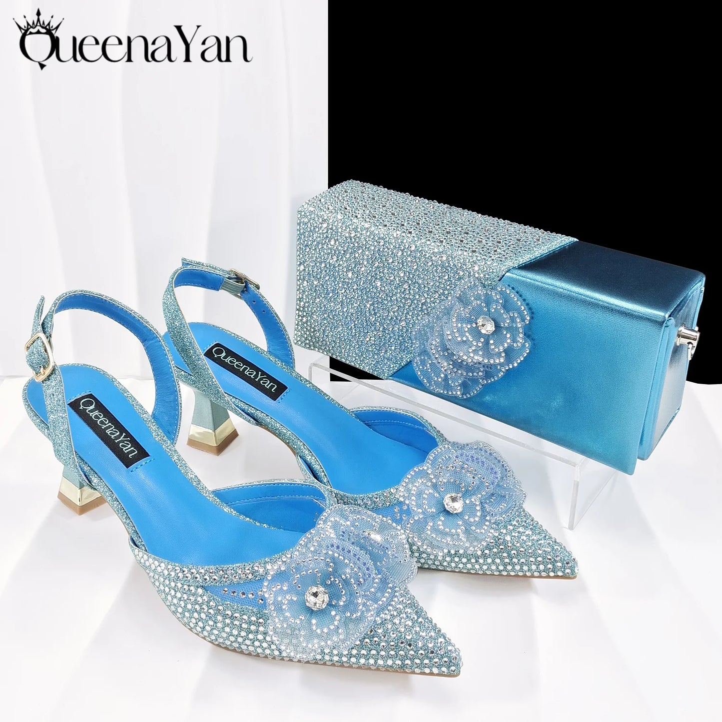 Elegant Silver Pointed-Toe High Heels Shoes with Diamond Accents & Matching Bag - Ideal for Party Elegance