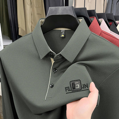 High End Brand Quality Men's Polo Shirt Autumn Exquisite Solid Color Letter Print Lapel Long Sleeve Business Classic Menswear