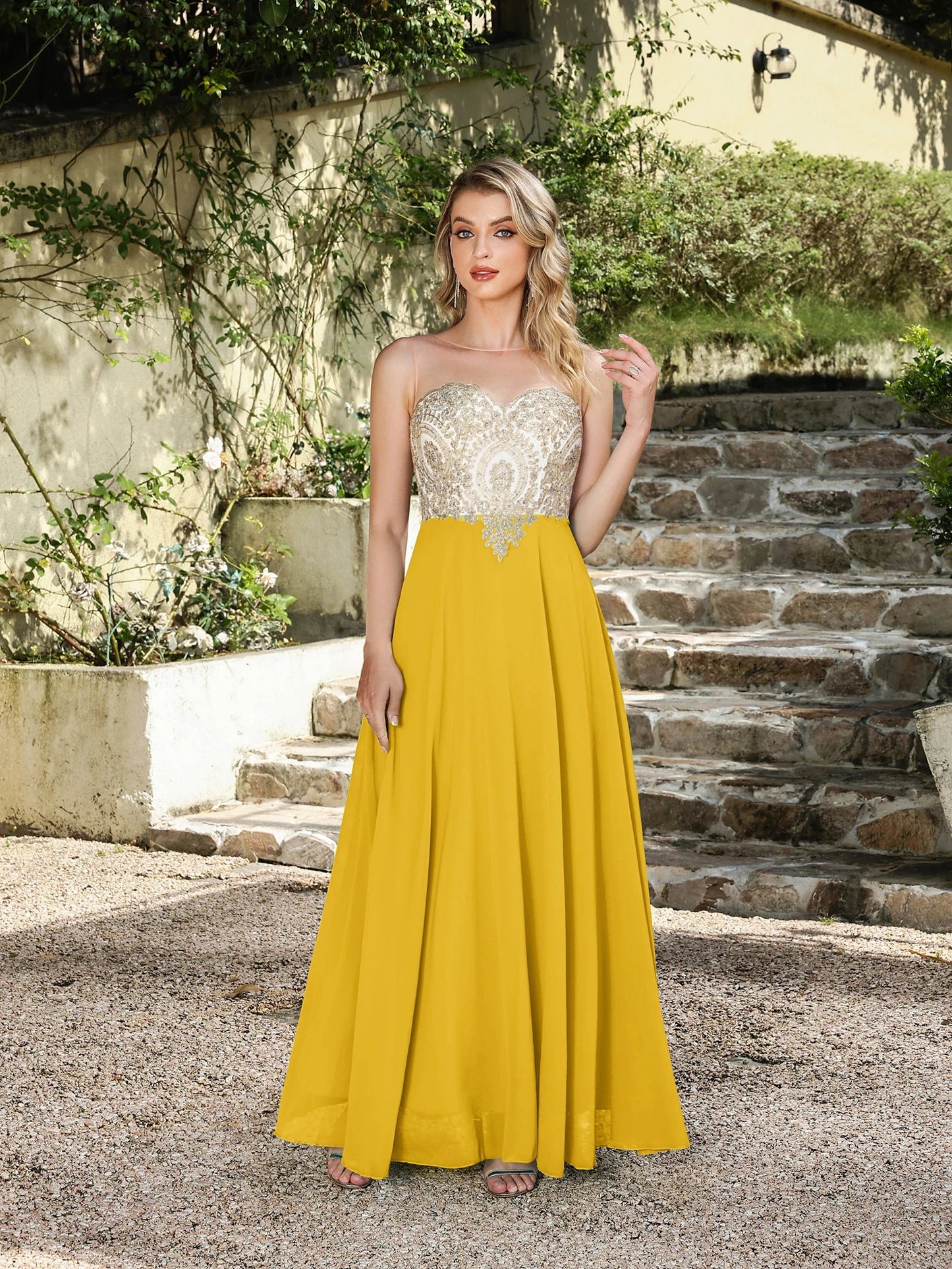Elegant Sweetheart Prom Dress with Gold Embroidered Bodice & Flowing Chiffon Skirt for Homecoming & Formal Events