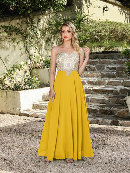 Elegant Sweetheart Prom Dress with Gold Embroidered Bodice & Flowing Chiffon Skirt for Homecoming & Formal Events