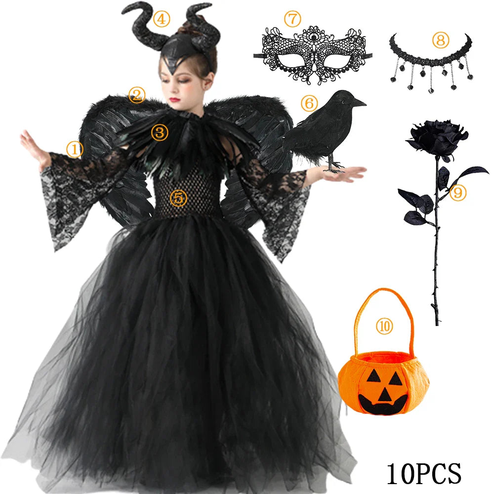 Halloween Maleficent Costume for Girls Evil Queen Dress Up Costumes Witch Devil Black Mesh Princess Dress Cosplay