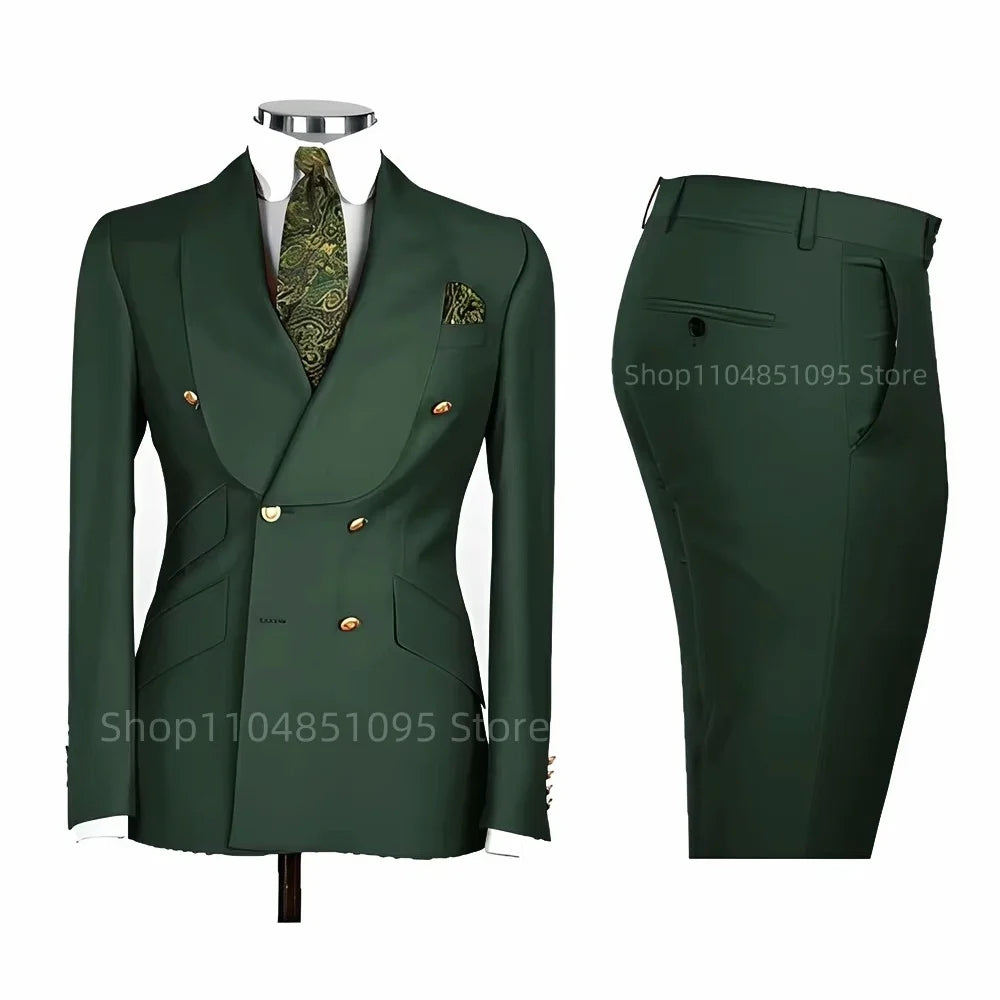 2 PCS Men's Smart Casual Solid Formal Tuxedo Suits with Shawl Lapel Double Breasted Jacket And Pants for Business And Wedding
