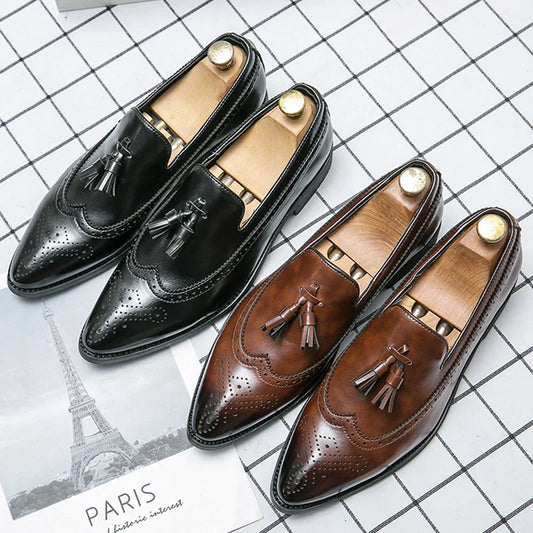 Pointed Toe Brogues Shoes Men Classic Casual Business Leather Shoes For Men Formal Social Party Leather Tassel Loafers Male