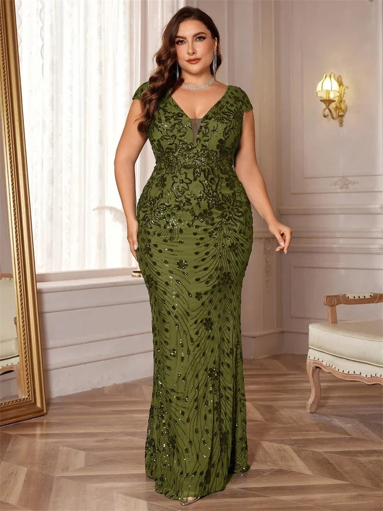 Vestidos de Noite Elegantes Rosa Plus Size com Decote em V e Lantejoulas até o Chão, com Manga Curta, para Madrinhas, Festas e Coquetéis