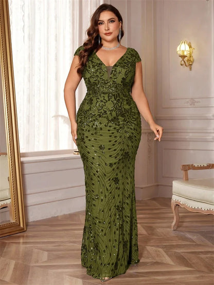 Vestidos de Noite Elegantes Rosa Plus Size com Decote em V e Lantejoulas até o Chão, com Manga Curta, para Madrinhas, Festas e Coquetéis