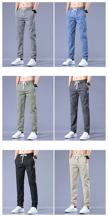Size 28-38 Thin Casual Pants Mens Slim Simple Cotton Stretch Spring Summer Trousers Elastic Waist Drawstring Jogging Sweatpants