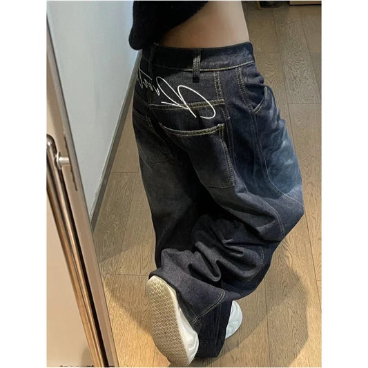 High Waist Vintage Design Hip Hop Straight Baggy Denim Pants
