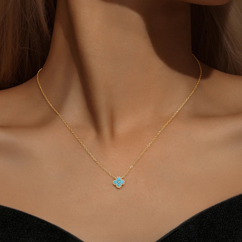 100% 925 Sterling Silver Turquoise Crystal Petal Patter Pendant Necklaces For Women Delicate Wedding Jewelry Collar Mujer