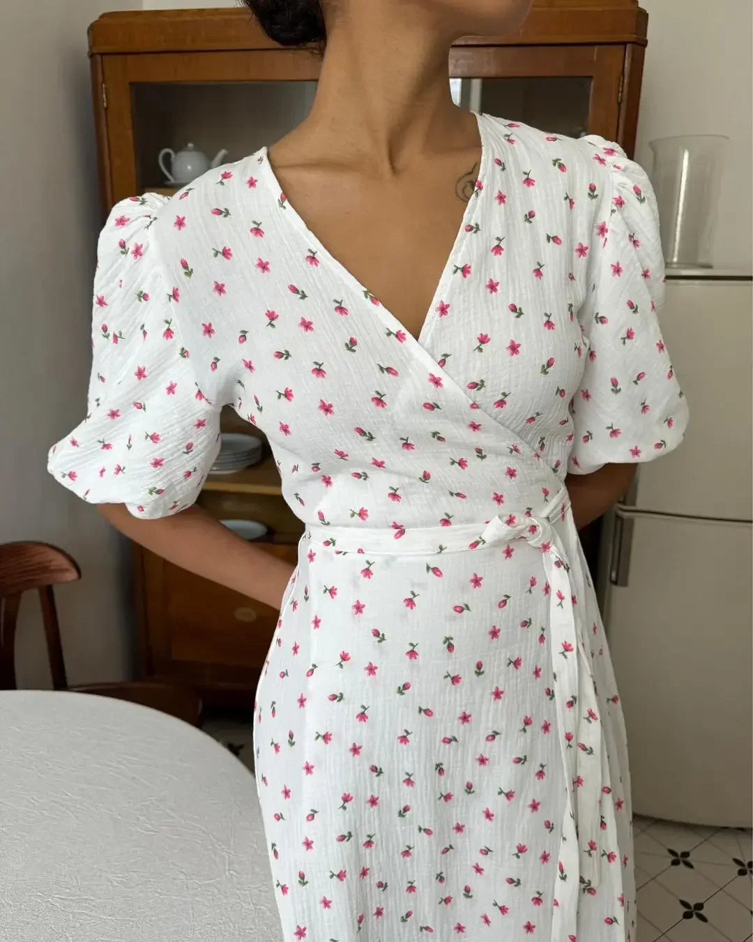 Summer Women Psrinted Dress Lace Up Short Sleeve Fashion Office Lady Long Dress 100% Cotton Daily Casual V-neck Skirt