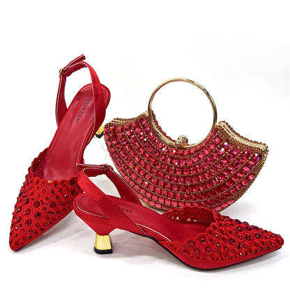 Latest High Heel Gold Color Atmospheric Luxury Pattern With Rhinestones Party Ladies Shoes And Bag Set