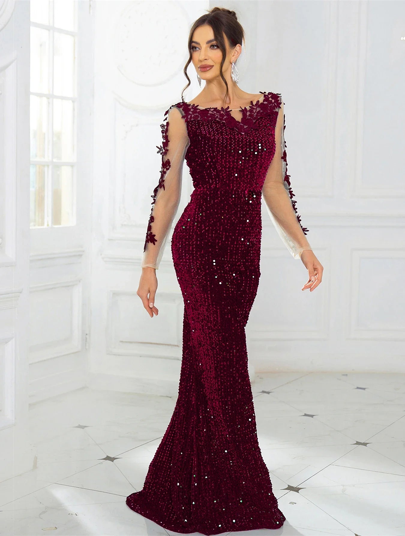 O Neck Long Sleeve With Flowers Sequin Evening Party Dress Elegant Women Sexy Backless Formal Prom Dresses