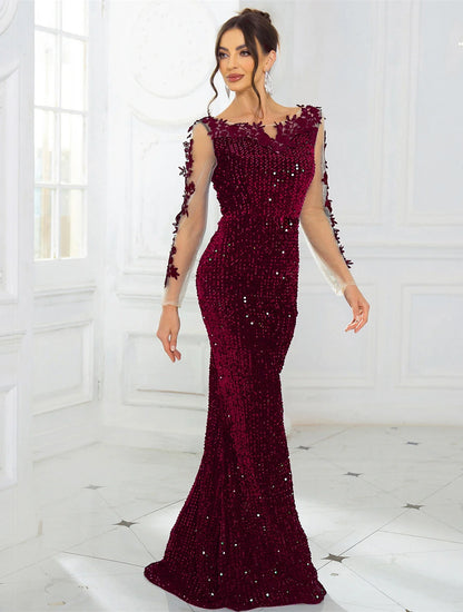 O Neck Long Sleeve With Flowers Sequin Evening Party Dress Elegant Women Sexy Backless Formal Prom Dresses