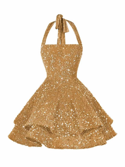 Sequin Short Homecoming Dress for Teens Short Prom Dresses Halter Neck Sparkly Tiered Cocktail Party Gowns