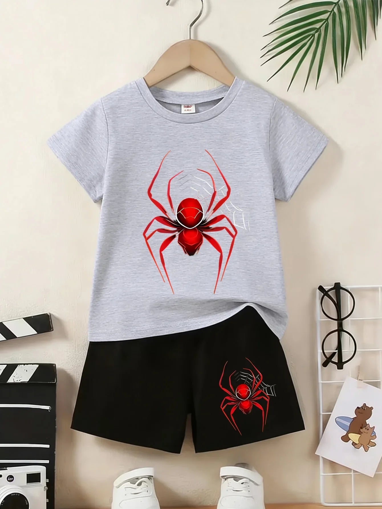 Children's Summer Set - Short-Sleeved Shorts Spider Print T-Shirt. Perfect Daily Wear Versatile Occasions. Ideal Birthday Gift