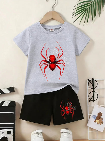 Children's Summer Set - Short-Sleeved Shorts Spider Print T-Shirt. Perfect Daily Wear Versatile Occasions. Ideal Birthday Gift