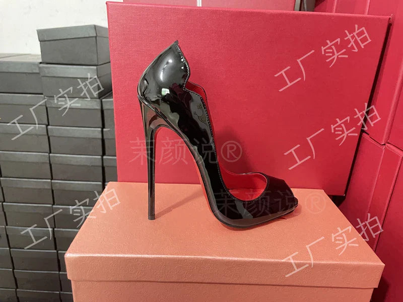 Spring and Autumn New Lacquer Wave V-neck High Heels 12cm Fashionable and Sexy Commuting Single Shoes
