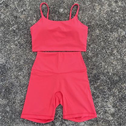 Yoga Clothes Set 2 Piece Gym Sports Shorts Set Women Sexy Back Bra Top High Waist Shorts Fitness Suit Running Workout Tracksuit