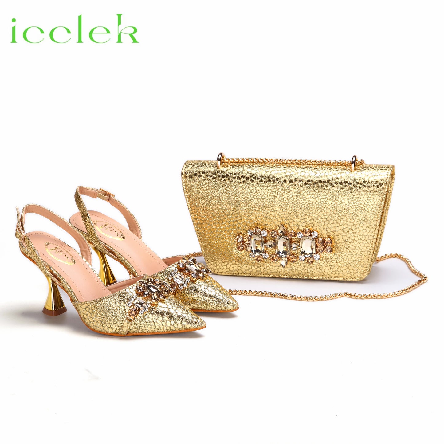 Spot Goods Italian Fashion Women Heels Elegant Orange Color Block Design Brown Shoes And Bag Full Rhinestone Party Bag