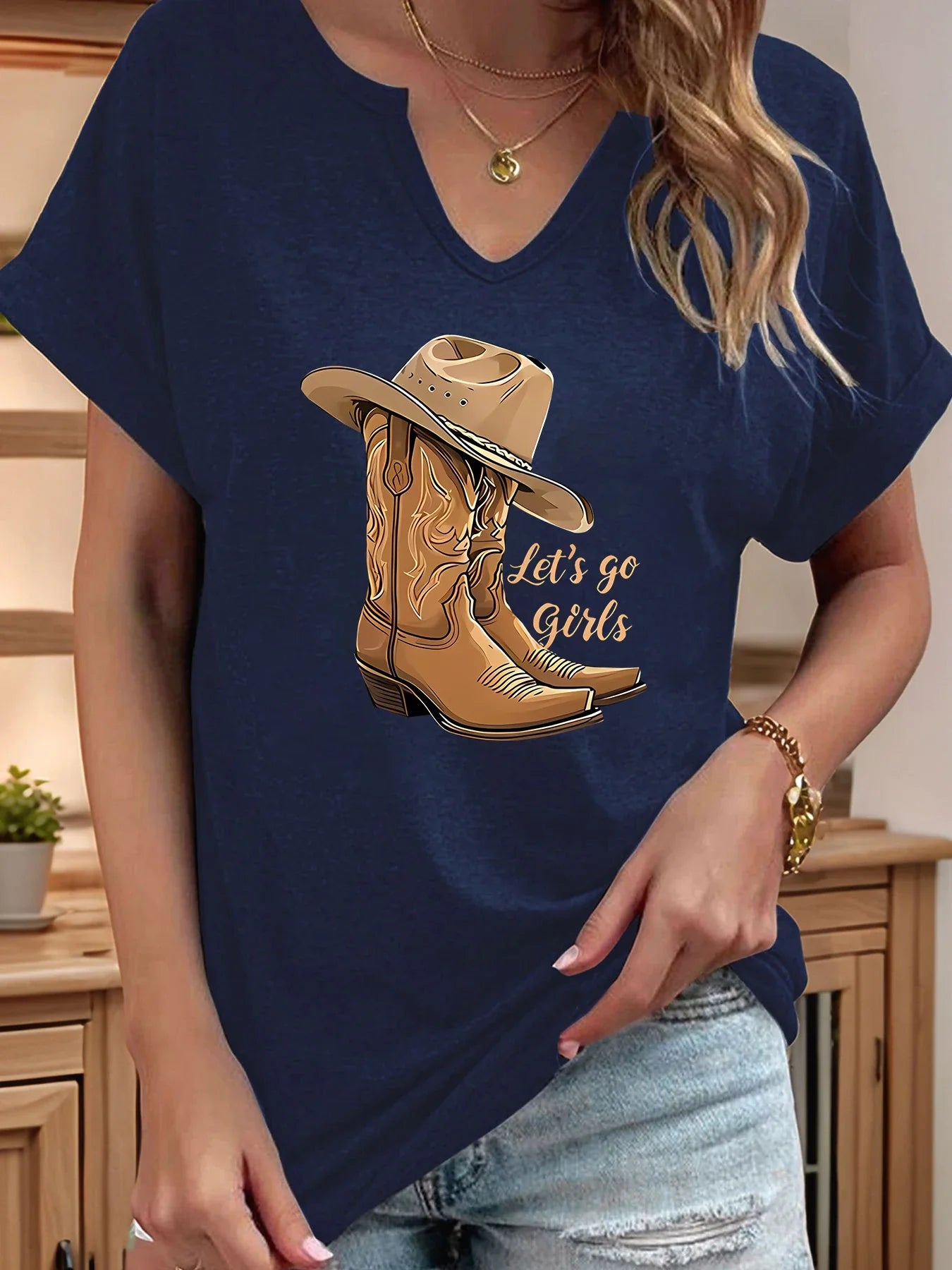 Let's Go Girls Cowboy Boots Letter Print Women T Shirt Short Roll-up Sleeve V-Neck Summer Casual Top T-shirts for Women