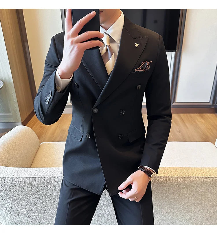 (Jackets+Pants) Luxury Double Breasted Design Slim Fit Suit High Quality Fashion Men's Wedding Social Suit Tuxedo 2 Piece Set