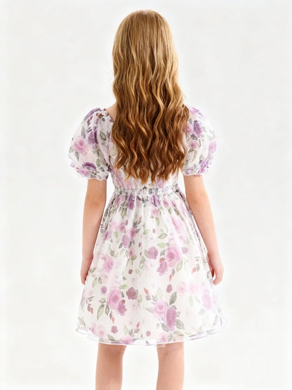Summer Girl's Cute Square Neck Bubble Sleeve Flower Print Princess Dress Slimming And Ladylike Dress