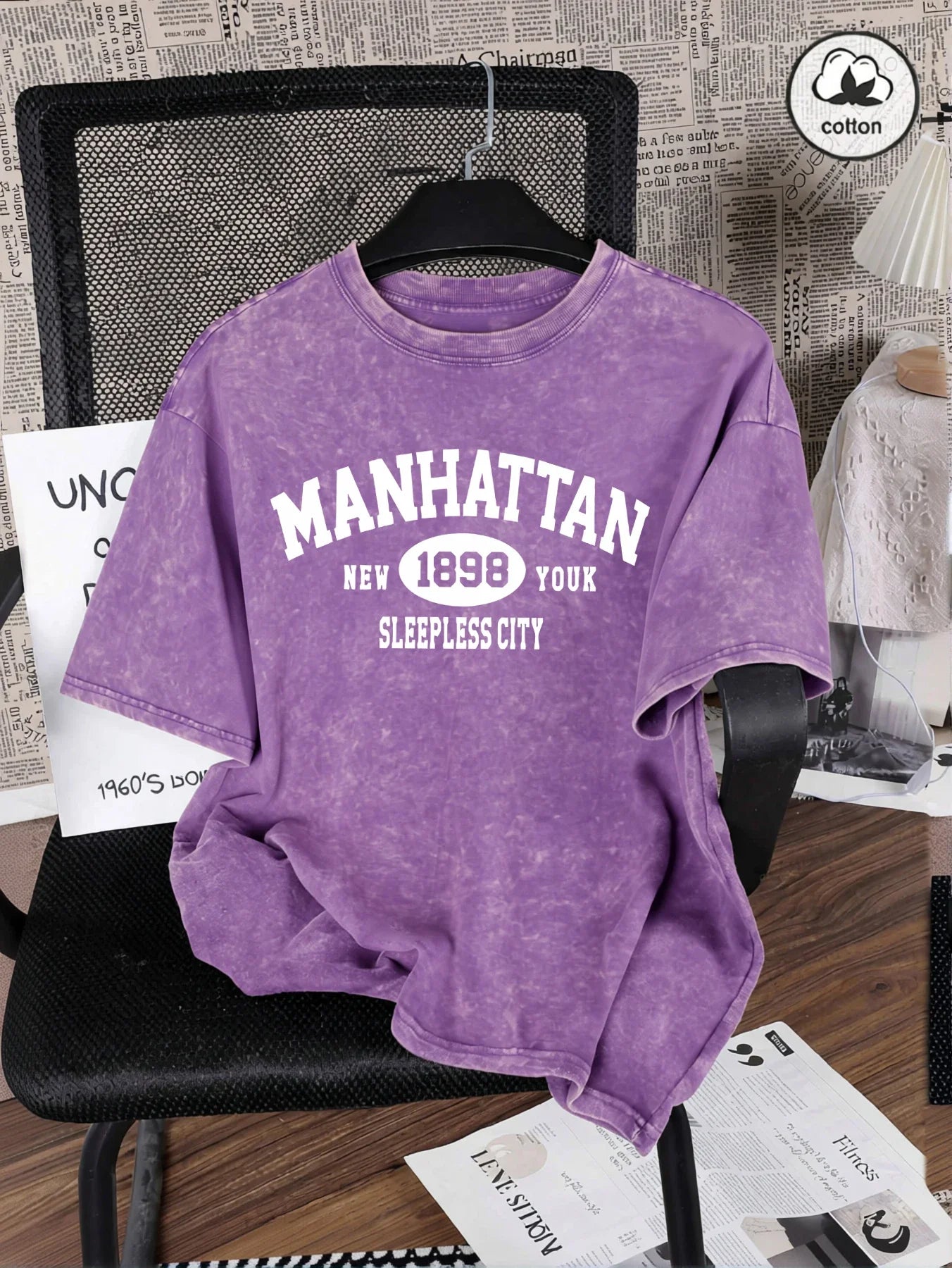Manhattan New York Sleepless City Print Washed T Shirt Man Summer O-Neck Retro T-Shirts Fashion Cotton All-Match Top Unisex Tee