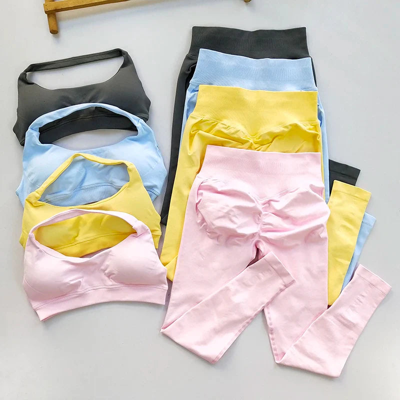 Sports Suit Women's Running 2PCS Set Seamless Yoga Thin Straps Beautiful Back Fitness Bras Gym High-waisted Peach Leggings Sets