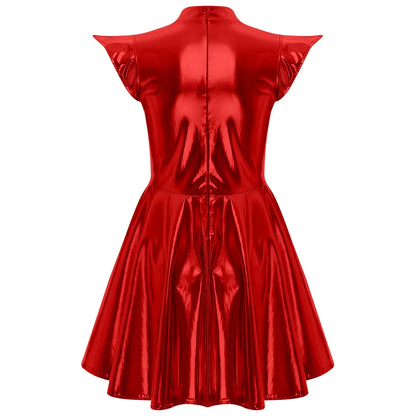 Womens Cocktail Dress Shiny Metallic Dress Alien Space Cap Sleeve High Waist A-line Dress for Halloween Party High Street Dress